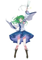 +_+ 1girl ;d arm_up armpits bitan_san blue_skirt brown_footwear detached_sleeves frog_hair_ornament full_body gohei green_eyes green_hair hair_ornament highres holding kochiya_sanae looking_at_viewer medium_hair one_eye_closed open_mouth shirt simple_background skirt smile snake_hair_ornament standing touhou white_background white_shirt wide_sleeves