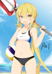 Rule 34 | ball, beach, beach volleyball, blonde hair, blue sky, commission, etsuransha no rei, highres, kantai collection, long hair, navel, outdoors, parasol, satsuki (kancolle), signature, skeb commission, sky, sportswear, twintails, umbrella, volleyball (object), volleyball uniform, yellow eyes