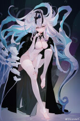 Rule 34 | 1girl, absurdres, aqua hair, black bow, black horns, bow, breasts, cleavage, colored inner hair, colored tips, covered navel, crescent, crescent earrings, detached sleeves, earrings, floating hair, full body, grandia lee, hair bow, hand on own thigh, hand up, highres, horns, jewelry, long hair, long sleeves, looking at viewer, medium breasts, multicolored hair, no shoes, original, parted lips, pink hair, purple eyes, shirt, sleeves past wrists, slit pupils, solo, star (symbol), star earrings, thighhighs, toeless legwear, weibo logo, white hair, white shirt, white thighhighs