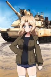 Rule 34 | 1girl, ammunition chute, arm at side, artist name, black shirt, blonde hair, blouse, blue eyes, blue shorts, blue sky, brown jacket, bukkuri, clenched hand, closed mouth, cloud, commission, crows (remote controlled weapon station), dated, denim, denim shorts, emblem, girls und panzer, gun, gun shield, hair intakes, hand on own hip, highres, jacket, kay (girls und panzer), long hair, long sleeves, looking at viewer, m153 crows ii, m1 abrams, machine gun, military, military uniform, military vehicle, motor vehicle, open clothes, open jacket, remote controlled weapon station, sand, saunders military uniform, see-through, shield, shirt, short shorts, shorts, signature, skeb commission, sky, smile, smoke grenade launcher, solo, standing, star (symbol), tank, thighhighs, thighs, transparent, transparent armor gun shield, uniform, weapon, white thighhighs, zettai ryouiki