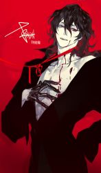 Rule 34 | 1boy, black gloves, bleeding, blood, character name, ensemble stars!, fangs, gloves, half gloves, hand on own chest, highres, looking at viewer, looking to the side, male focus, monochrome, off-shoulder shirt, off shoulder, open mouth, parted lips, pigeon666, plunging neckline, red background, red eyes, red ribbon, red theme, ribbon, sakuma rei (ensemble stars!), shirt, signature, simple background, smile, solo