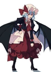 Rule 34 | 1girl, ascot, bat wings, blue hair, boots, bow, brooch, full body, hand on own hip, hat, hat bow, high heel boots, high heels, highres, himadera, jewelry, juliet sleeves, long sleeves, mob cap, puffy sleeves, red eyes, sharp teeth, simple background, solo, standing, teeth, touhou, twitter username, waist bow, white background, wings