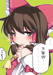 Rule 34 | + +, 1girl, ascot, blush, bow, brown eyes, brown hair, commentary request, detached sleeves, hair bow, hair tubes, hakurei reimu, hammer (sunset beach), long hair, looking at viewer, open mouth, sidelocks, solo, touhou, translation request, upper body, yellow background