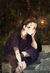 Rule 34 | 1girl, bed sheet, between fingers, black cat, blue eyes, book stack, brown footwear, brown hair, cat, dress, earrings, feet out of frame, hand on own cheek, hand on own face, head rest, heart, heart earrings, highres, hiranko, holding, holding pen, indoors, jewelry, lantern, crossed legs, long sleeves, looking at viewer, majo no takkyuubin, multi-tied hair, necklace, paper, pen, purple dress, senior witch (majo no takkyuubin), shoes, short sleeves, signature, sitting, socks, twintails, wheat