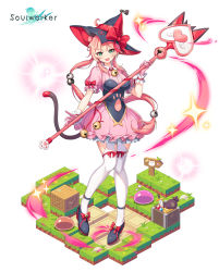 Rule 34 | 1girl, :d, absurdres, black hat, breasts, cat tail, chii aruel, dress, frilled dress, frills, green eyes, hair ornament, hat, highres, holding, holding staff, large breasts, lim jaejin, long hair, looking at viewer, low ponytail, official art, open mouth, pink dress, pink hair, shoes, short sleeves, smile, solo, soulworker, staff, tail, thighhighs, very long hair, white thighhighs, witch hat