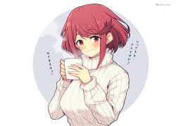 Rule 34 | 1girl, blush, bob cut, circle, cup, highres, holding, holding cup, mochimochi (xseynao), mug, pyra (xenoblade), red eyes, red hair, short hair, steam, sweater, swept bangs, teeth, turtleneck, turtleneck sweater, upper body, white sweater, xenoblade chronicles (series), xenoblade chronicles 2