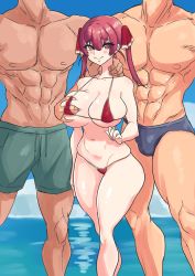 Rule 34 | 1girl, 2boys, absurdres, beach nanpa, bikini, blush, breasts, bulge, closed mouth, collarbone, curvy, day, groping, hair ribbon, head out of frame, hetero, highres, hololive, hololive fantasy, houshou marine, konaloid, large breasts, long hair, multiple boys, muscular, muscular male, nanpa, navel, ocean, outdoors, red bikini, red eyes, red hair, ribbon, shorts, sky, swimsuit, twintails, virtual youtuber, yellow eyes