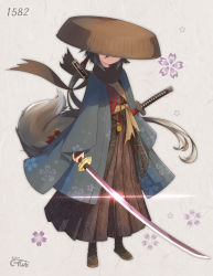 Rule 34 | 1girl, absurdres, black hair, black legwear, black scarf, bridal gauntlets, brown footwear, brown hakama, brown hat, brown kimono, cherry blossom print, closed mouth, commentary request, coreytaiyo, dated, floral background, floral print, fox tail, full body, gradient hair, grey background, grey hair, hakama, hakama pants, hat, highres, holding, holding sword, holding weapon, japanese clothes, katana, kimono, long hair, long sleeves, low ponytail, multicolored hair, open clothes, original, pants, ponytail, samurai, sandogasa, scarf, sheath, sheathed, signature, smile, solo, standing, sword, tail, torn clothes, torn scarf, very long hair, weapon, wide sleeves