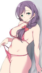 Rule 34 | 1girl, bikini, bow, braid, braided ponytail, breasts, closed mouth, duke (inu daimyou), green eyes, hair bow, halterneck, large breasts, long hair, looking at viewer, love live!, love live! school idol project, purple hair, red bikini, red bow, smile, solo, string bikini, striped bikini, striped clothes, swimsuit, tojo nozomi