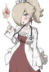Rule 34 | 1girl, blonde hair, blush, breasts, coat, crown, doctor, dot nose, dr. fire rosalina, dr. mario (game), dr. mario world, earrings, fire, fire rosalina, hair over one eye, highres, jewelry, large breasts, long sleeves, mario (series), nintendo, official alternate costume, official alternate hairstyle, open mouth, ponytail, rosalina, simple background, solo, star (symbol), star earrings, toggy keiichi, white background, white coat