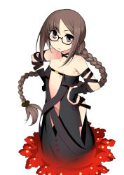 Rule 34 | 1girl, aged down, bare shoulders, black-framed eyewear, black dress, black gloves, blush, braid, breasts, brown hair, closed mouth, collarbone, dress, elbow gloves, fate/grand order, fate (series), full body, glasses, gloves, groin, hair ornament, hands on own hips, long hair, looking at viewer, namonashi, parted bangs, purple eyes, semi-rimless eyewear, simple background, single braid, small breasts, solo, standing, strapless, under-rim eyewear, very long hair, white background, yu mei-ren (fate), yu mei-ren (first ascension) (fate)
