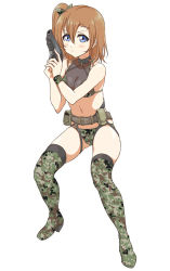 Rule 34 | 1girl, belt, bikini, black thighhighs, blue eyes, blush, boots, bow, breasts, brown hair, camouflage, camouflage bikini, camouflage bow, camouflage footwear, cleavage, full body, gun, hair between eyes, hair bow, highres, holding, holding gun, holding weapon, kosaka honoka, love live!, love live! school idol project, medium breasts, navel, see-through, short hair, side ponytail, simple background, solo, stance, swimsuit, tetopetesone, thigh boots, thighhighs, weapon, white background