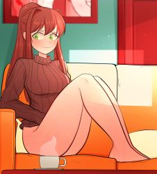 Rule 34 | 1girl, absurdres, arkeus 165, bare legs, blush, bottomless, breasts, brown hair, brown sweater, casual, couch, cup, doki doki literature club, embarrassed, green eyes, highres, legs, legs together, long hair, looking away, looking to the side, medium breasts, monika (doki doki literature club), pillow, ponytail, sitting, solo, sweater, tea, teacup