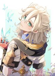 Rule 34 | 1boy, albedo (genshin impact), arm armor, back, blonde hair, blue eyes, blue shirt, border, closed mouth, commentary request, crystal, crystalfly (genshin impact), english text, flower, from behind, genshin impact, gloves, grey flower, hair between eyes, hand up, hood, hooded shirt, looking at viewer, looking back, male focus, mandarin collar, outside border, paaaao01, petals, red gloves, shirt, short hair, short sleeves, smile, solo, standing, vest, white border, white vest