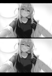 Rule 34 | 1girl, absurdres, blush, bocchi the rock!, breasts, collarbone, commentary request, cube hair ornament, gotoh hitori, greyscale, hair between eyes, hair ornament, highres, large breasts, letterboxed, looking at viewer, monochrome, one side up, shirt, smile, yoru0409