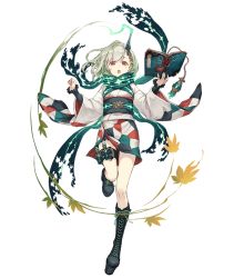 Rule 34 | 1girl, :o, book, boots, cross-laced footwear, full body, green hair, horns, japanese clothes, ji no, kimono, leaf, little match girl (sinoalice), looking at viewer, maple leaf, official art, platform footwear, red eyes, sash, scarf, short kimono, single horn, sinoalice, solo, thigh strap, transparent background, wide sleeves