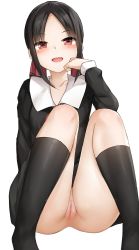 Rule 34 | 1girl, :d, ass, black dress, black hair, black socks, blush, cleft of venus, clitoris, collarbone, collared dress, dress, feet out of frame, hair ribbon, hand up, highres, kaguya-sama wa kokurasetai ~tensai-tachi no renai zunousen~, kneehighs, long sleeves, looking at viewer, mizushina minato, no panties, no shoes, nude filter, open mouth, parted bangs, pussy, red eyes, red ribbon, ribbon, shinomiya kaguya, sidelocks, simple background, sitting, sleeves past wrists, smile, socks, solo, spread legs, teeth, third-party edit, uncensored, upper teeth only, white background