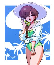 Rule 34 | 1girl, :d, ara ara, arm at side, arm up, bare legs, blush, bracelet, breasts, brown hair, calling, closed eyes, green one-piece swimsuit, hair ornament, hair scrunchie, hat, highres, hood, hoodie, jewelry, long hair, medium breasts, one-piece swimsuit, open mouth, palm tree print, ranma 1/2, scrunchie, shirt, signature, silver jewelry, simple background, smile, swimsuit, tendou kasumi, tied shirt, two-tone background, wanta (futoshi), waving, white hat, white hoodie, white shirt