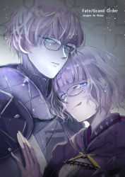 Rule 34 | 1boy, 1girl, akamatsu (radio ari), black-framed eyewear, blue eyes, breasts, character name, cleavage, colored skin, commentary, copyright name, fate/grand order, fate/grand order arcade, fate (series), glasses, grey hair, grey skin, highres, hood, hooded jacket, jacket, jacques de molay (foreigner) (fate), jacques de molay (saber) (fate), looking at viewer, purple eyes, purple jacket, tongue, tongue out, twitter username, upper body
