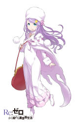 Rule 34 | 1girl, :d, absurdres, anastasia hoshin, bag, blue eyes, blush, boots, bow, breasts, dress, floating hair, full body, fur hat, fur trim, hair ornament, happy, hat, hat bow, highres, jewelry, layered dress, light purple hair, long hair, long sleeves, necklace, official art, ootsuka shin&#039;ichirou, open mouth, pendant, pom pom (clothes), re:zero kara hajimeru isekai seikatsu, shoulder bag, simple background, small breasts, smile, solo, standing, star (symbol), star hair ornament, swept bangs, white background, white theme, winter clothes