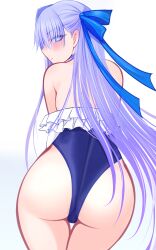 1girl absurdres ass back bare_shoulders blue_eyes blue_ribbon blush breasts fate/grand_order fate_(series) frills hair_ribbon highleg highleg_one-piece_swimsuit highres long_hair long_sleeves looking_at_viewer looking_back mcpc_zamurai meltryllis meltryllis_(fate) meltryllis_(swimsuit_lancer)_(fate) meltryllis_(swimsuit_lancer)_(second_ascension)_(fate) off-shoulder_one-piece_swimsuit off_shoulder one-piece_swimsuit puffy_sleeves purple_hair ribbon small_breasts solo swimsuit thighs very_long_hair