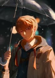 Rule 34 | 1boy, blurry, blurry background, brown coat, brown eyes, brown hair, closed mouth, coat, collared shirt, highres, kennnai616, long sleeves, looking at viewer, luke pearce (tears of themis), male focus, outdoors, shirt, short hair, solo, tears of themis, upper body, white shirt