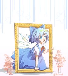 Rule 34 | 1girl, blue bow, blue dress, blue eyes, blue hair, bow, bowtie, cirno, commentary, detached wings, dress, framed, full body, hair bow, highres, ice, ice wings, lbcirno9, open clothes, red bow, red bowtie, shirt, short hair, short sleeves, touhou, white background, white shirt, wings