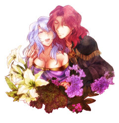 Rule 34 | 1boy, 1girl, :d, ^ ^, arvis (fire emblem), bare shoulders, breasts, bridal gauntlets, brother and sister, circlet, cleavage, closed eyes, deirdre (fire emblem), dress, fire emblem, fire emblem: genealogy of the holy war, flower, hako (grungrrr), light purple hair, long hair, nintendo, open mouth, purple hair, red hair, robe, siblings, simple background, smile, strapless, strapless dress, white background