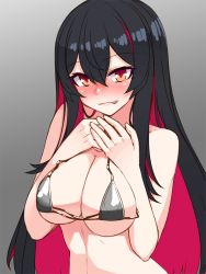 Rule 34 | 1girl, alternate breast size, arata, bikini, black bikini, black hair, breasts, breasts squeezed together, colored inner hair, commentary request, genderswap, genderswap (mtf), gradient background, hair between eyes, halterneck, hand on own chest, highres, large breasts, linea alba, long hair, multicolored hair, red hair, shadow, simple background, solo, string bikini, swimsuit, tongue, tongue out, upper body, very long hair, witch&#039;s weapon, yellow eyes