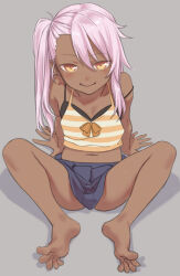 1girl bare_shoulders barefoot camisole chloe_von_einzbern dark-skinned_female dark_skin fate/kaleid_liner_prisma_illya fate_(series) flat_chest full_body grey_background highres long_hair looking_at_viewer miniskirt navel orange_eyes pastime774 pink_hair side_ponytail simple_background sitting skirt smile solo toes