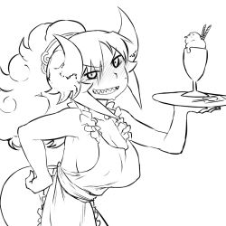 Rule 34 | 1girl, alternate hairstyle, apron, bad id, bad pixiv id, black sclera, blush, breasts, cleavage, colored sclera, covered erect nipples, curly hair, demon girl, food, forced smile, greyscale, holding, horns, large breasts, leaning forward, long hair, monochrome, naked apron, nise maou kanizeru, original, parfait, ponytail, sharp teeth, sideboob, simple background, solo, standing, sweat, teeth, tray, tsukudani (coke-buta), white background, yuusha to maou