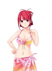 Rule 34 | 1girl, bikini, breasts, cleavage, female focus, game cg, hair up, hand on own hip, hanekura tomoe, hitozuma swimming club, ino (magloid), interheart, large breasts, legs, looking at viewer, navel, pink eyes, red hair, sarong, simple background, smile, solo, standing, swimsuit, thighs, white background