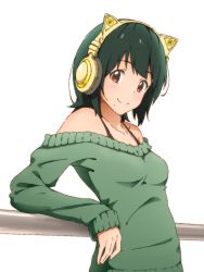 Rule 34 | 1girl, animal ear headphones, animal ears, axent wear, bare shoulders, cat ear headphones, fake animal ears, green hair, headphones, highres, idolmaster, idolmaster (classic), ilbsg2004+1, looking at viewer, mole, mole under mouth, off-shoulder, off-shoulder sweater, off shoulder, otonashi kotori, red eyes, short hair, simple background, smile, solo, sweater, white background