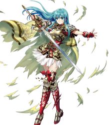 Rule 34 | 1girl, adapted costume, armor, asatani tomoyo, blue eyes, blue hair, boots, breastplate, broken armor, cape, earrings, eirika (fire emblem), fingerless gloves, fire emblem, fire emblem: the sacred stones, fire emblem heroes, floating hair, full body, gloves, highres, holding, holding sword, holding weapon, injury, jewelry, light blue hair, long hair, looking at viewer, nintendo, official art, outstretched arm, outstretched hand, ryona, serious, short sleeves, skirt, solo, standing, sweatdrop, sword, thigh boots, thighhighs, torn cape, torn clothes, torn skirt, transparent background, weapon, white skirt, zettai ryouiki