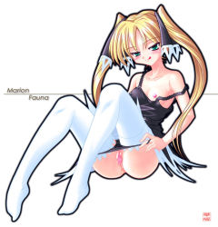 Rule 34 | 1girl, :q, ass, black panties, blonde hair, blush, breasts, censored, covered erect nipples, green eyes, hanazuka ryouji, long hair, marion phauna, mosaic censoring, nipple slip, nipples, no bra, panties, panty pull, pussy, pussy juice, shaman king, sitting, small breasts, smile, solo, strap slip, sweat, thighhighs, toe-point, tongue, tongue out, twintails, underwear, white thighhighs
