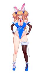 Rule 34 | 1girl, 3d, alternate costume, animal ears, artist request, blonde hair, blue eyes, blue leotard, blush, breasts, cleavage, curvy, detached collar, fake animal ears, full body, gloves, hands on own hips, happy, highleg, highleg leotard, highres, huge breasts, large breasts, leotard, long hair, looking at viewer, official alternate costume, onizaki kirara, playboy bunny, rabbit ears, revealing clothes, shiny skin, sitting, smile, taimanin (series), taimanin rpgx, thong leotard, twintails