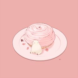 Rule 34 | animal, bear, chai (drawingchisanne), cherry blossoms, commentary request, cupcake, dessert, food, food focus, mont blanc (food), no humans, original, pastry, petals, pink background, pink petals, plate, shirokuma-san (drawingchisanne), signature, simple background, sitting, translated, whipped cream