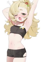 1girl absurdres armpits arms_up bare_arms black_shorts blonde_hair blush breasts choker crop_top drooling ear_piercing green_eyes hair_bun hair_ornament highres long_hair midriff mouth_drool one_eye_closed open_mouth piercing piper_wheel red_choker reel_(riru) short_shorts shorts simple_background small_breasts solo sweat tears white_background yawning zenless_zone_zero