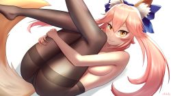 Rule 34 | 1girl, animal ear fluff, animal ears, black pantyhose, blue bow, bow, breasts, convenient arm, fate/grand order, fate (series), fox ears, fox girl, fox tail, hair bow, highres, kaku-c aji, large breasts, long hair, lying, on back, pantyhose, pink hair, smile, solo, tail, tamamo (fate), tamamo no mae (fate/extra), thighband pantyhose, topless, twintails, yellow eyes