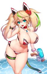 Rule 34 | 1girl, :d, absurdres, aqua eyes, asamura hiori, bare shoulders, bikini, blonde hair, blush, breasts, cleavage, collar, collarbone, commentary request, cowboy shot, fang, flower, gene (pso2), green hair, groin, hair between eyes, hair flower, hair ornament, hand up, headgear, highres, holding, holding water gun, huge breasts, jewelry, long hair, looking at viewer, multicolored hair, navel, necklace, open mouth, phantasy star, phantasy star online 2, red bikini, red collar, scrunchie, sidelocks, skindentation, smile, solo, standing, stomach, strapless, strapless bikini, streaked hair, swimsuit, thigh strap, twintails, two-tone hair, water, water gun, wrist scrunchie, wristband