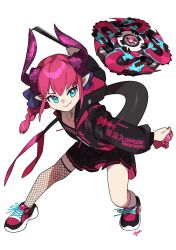Rule 34 | 1girl, alternate costume, asymmetrical horns, beyblade, beyblade (object), black jacket, black skirt, blue eyes, curled horns, dragon girl, dragon horns, dragon tail, elizabeth bathory (fate), elizabeth bathory (fate/extra ccc), fang, fate/grand order, fate (series), finger cots, fishnet thighhighs, fishnets, highres, hood, hooded jacket, horns, jacket, long hair, long sleeves, miniskirt, monkey jon, pink hair, pleated skirt, pointy ears, shoes, single thighhigh, skin fang, skirt, smile, sneakers, solo, tail, thighhighs, uneven horns