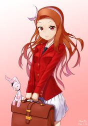 Rule 34 | 1girl, bad id, bad pixiv id, black necktie, blazer, blouse, breasts, brown eyes, brown hair, casual, cowboy shot, hairband, highres, idolmaster, idolmaster (classic), jacket, light smile, long hair, looking at viewer, minase iori, miniskirt, necktie, pleated skirt, red jacket, school uniform, shirt, simple background, skirt, small breasts, solo, stuffed animal, stuffed rabbit, stuffed toy, surps, swept bangs, white shirt, white skirt