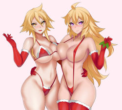 Rule 34 | 2girls, ahoge, akame ga kill!, asymmetrical docking, bikini, blonde hair, breast press, breasts, christmas, crossover, elbow gloves, gloves, hand on another&#039;s hip, hand on own hip, hevn, large breasts, leone (akame ga kill!), long hair, mistletoe, multiple girls, purple eyes, rwby, short hair, slingshot swimsuit, swimsuit, thighhighs, wide hips, yang xiao long, yellow eyes