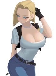 Rule 34 | 1girl, android 18, belt, blonde hair, blue eyes, blush, breasts, cleavage, denim, dragon ball, dragonball z, earrings, gloves, highres, hochihochiha, jeans, jewelry, large breasts, necklace, pants, pearl necklace, shirt, vest
