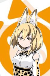 Rule 34 | 10s, 1girl, aliasing, animal ears, bad id, bad twitter id, belt, blonde hair, blouse, bow, bowtie, elbow gloves, gloves, hair between eyes, inactive account, jpeg artifacts, kemono friends, kobacha (ochakoba), logo, looking at viewer, multicolored clothes, multicolored gloves, multicolored neckwear, print bow, print bowtie, print gloves, print neckwear, serval (kemono friends), serval print, shirt, sleeveless, sleeveless shirt, smile, solo, white bow, white bowtie, white gloves, yellow bow, yellow bowtie, yellow eyes, yellow gloves