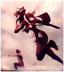 Rule 34 | 1girl, armor, bag, black pants, blurry, bodysuit, breastplate, cloud, cloudy sky, gem (symbol), english text, handbag, helmet, long sleeves, motion blur, outstretched arms, over shoulder, pants, pepper project, power armor, power suit, running, signature, sky, solo focus, ukitakumuki
