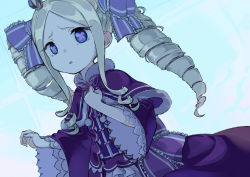 Rule 34 | 1girl, beatrice (re:zero), blonde hair, blue background, blue eyes, bow, butterfly-shaped pupils, capelet, coffeekite, cowboy shot, crown, dress, drill hair, frilled dress, frilled sleeves, frills, fur-trimmed capelet, fur trim, hair ornament, hand on own chest, long hair, looking at viewer, looking to the side, mini crown, outstretched hand, parted lips, purple dress, re:zero kara hajimeru isekai seikatsu, ringlets, sidelocks, solo, symbol-shaped pupils, twin drills, twintails, wide sleeves