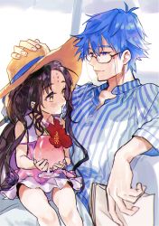 Rule 34 | 1boy, 1girl, absurdres, age difference, blue eyes, blue hair, blue ribbon, blush, brown hair, collared shirt, commentary request, drinking, drinking straw, drinking straw in mouth, eyelashes, eyewear strap, facial mark, fate/grand order, fate (series), forehead mark, glass, glasses, hand on headwear, hans christian andersen (adult) (fate), hans christian andersen (fate), hat, hat ribbon, highres, holding, long hair, parted bangs, ribbon, sessyoin kiara, sessyoin kiara (lily), sessyoin kiara (swimsuit mooncancer), shirt, soraharu (mojatta), sun hat, very long hair, yellow eyes