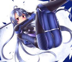 Rule 34 | 1girl, ahoge, ass, blue bodysuit, blue hair, blush, bodysuit, breasts, debris, foreshortening, hand up, highres, holding, holding sword, holding weapon, long hair, looking at viewer, medium breasts, midair, neit ni sei, original, pink eyes, plugsuit, shiny clothes, skin tight, solo, sword, thighs, v-shaped eyebrows, very long hair, weapon, white background