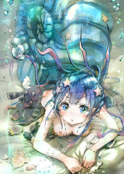 Rule 34 | 1girl, blue eyes, blue hair, blush, bracelet, bubble, cellphone, floating hair, gas mask, hair ornament, jewelry, keepout, long hair, looking at viewer, lying, mask, matching hair/eyes, monster girl, necklace, on stomach, original, pendant, phone, pout, seashell, shell, smartphone, solo, soramu, star (symbol), stuffed animal, stuffed rabbit, stuffed toy, teddy bear, underwater
